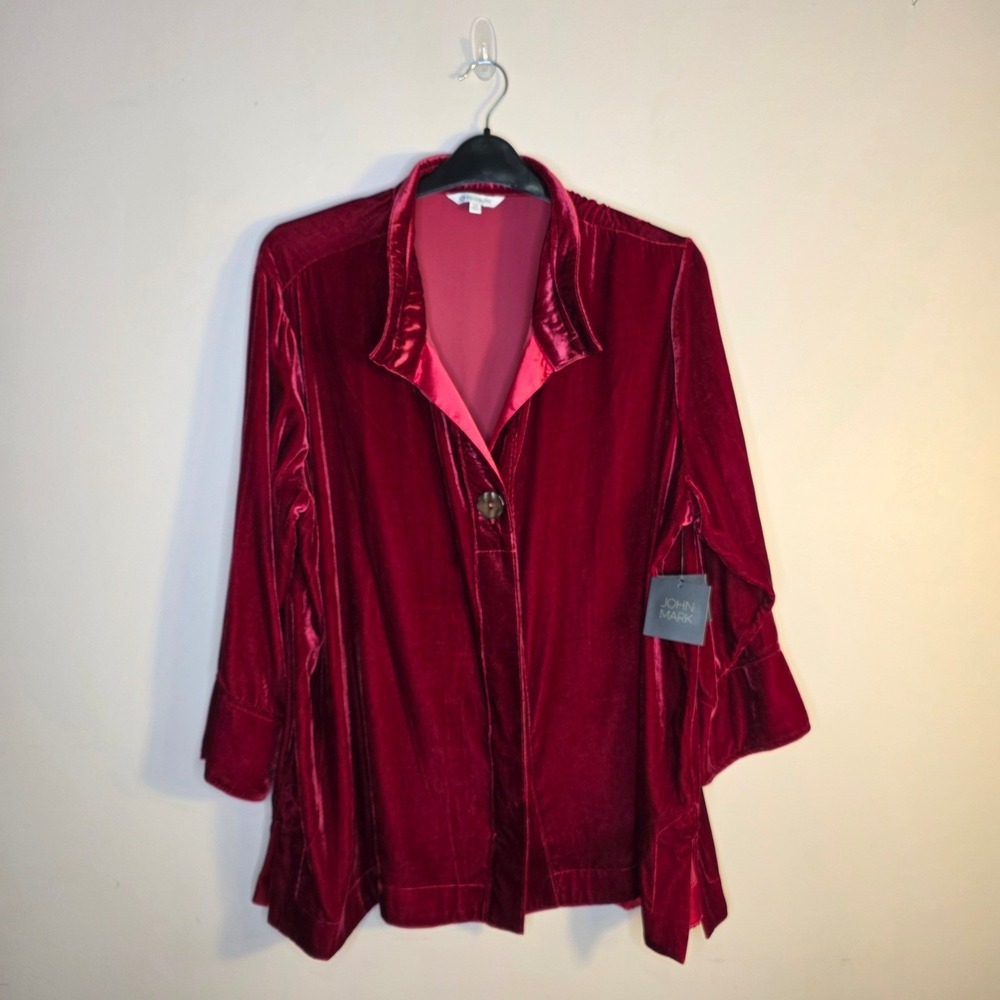 NWT John Mark Velvet Shirt Womens 2X Ruby Red Cozy Holiday Festive Luxury $119